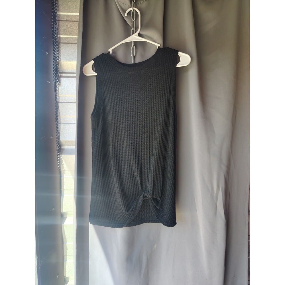 Miholl Womens Black Waffle Knit Sleeveless Front Knot Tank Top Size M
